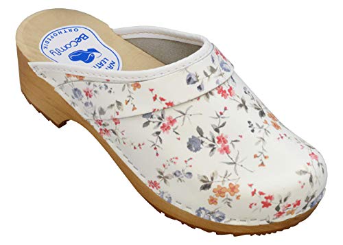 BeComfy - Zuecos de Madera con Cuero para Mujeres - Zapatos para el Trabajo - Suela Reforzada con una Capa de Goma Elástica - Blanco, Negro, Azul Marino, Flores (35 EU, Flores Coloridas)