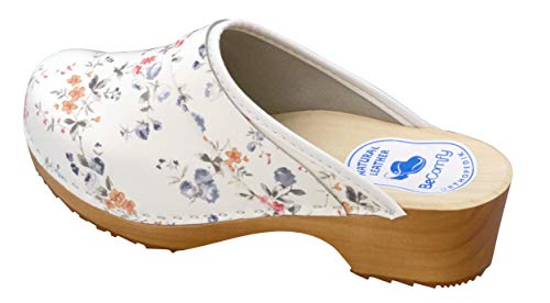 BeComfy - Zuecos de Madera con Cuero para Mujeres - Zapatos para el Trabajo - Suela Reforzada con una Capa de Goma Elástica - Blanco, Negro, Azul Marino, Flores (35 EU, Flores Coloridas)