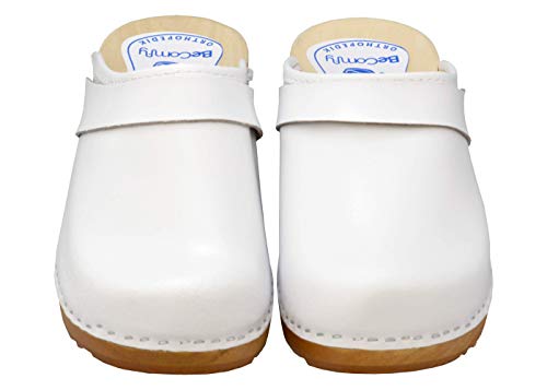 BeComfy - Zuecos de Madera con Cuero para Mujeres - Zapatos para el Trabajo - Suela Reforzada con una Capa de Goma Elástica - Blanco, Negro, Azul Marino, Flores (36 EU, Blanco-Liso)