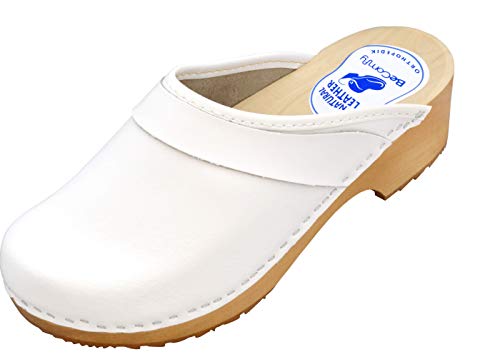 BeComfy - Zuecos de Madera con Cuero para Mujeres - Zapatos para el Trabajo - Suela Reforzada con una Capa de Goma Elástica - Blanco, Negro, Azul Marino, Flores (36 EU, Blanco-Liso)