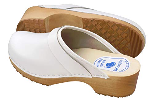 BeComfy - Zuecos de Madera con Cuero para Mujeres - Zapatos para el Trabajo - Suela Reforzada con una Capa de Goma Elástica - Blanco, Negro, Azul Marino, Flores (36 EU, Blanco-Liso)