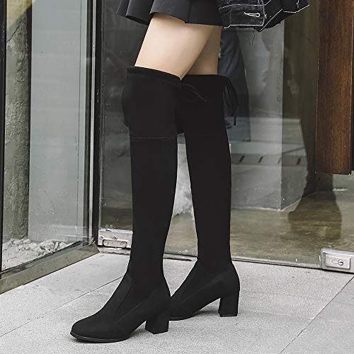 BeiaMina Mujer Clásica Tacón Ancho Botas Altas De Muslo Sin Cordones Fiesta Botas De Vestir Tacón Medio Botas sobre La Rodilla Black Talla 39 Asiática