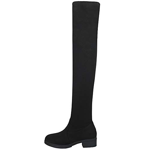 BeiaMina Mujer Elegante Tacón Bajo Botas Largas Sin Cordones Botas sobre La Rodilla Noche Fiesta Botas Altas De Muslo Punta Redonda Black Talla 35 Asiática