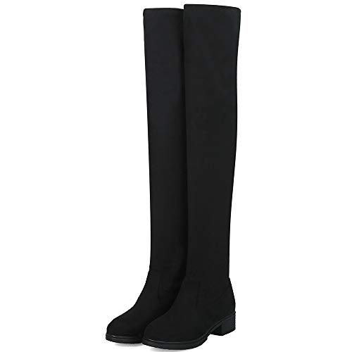 BeiaMina Mujer Elegante Tacón Bajo Botas Largas Sin Cordones Botas sobre La Rodilla Noche Fiesta Botas Altas De Muslo Punta Redonda Black Talla 35 Asiática