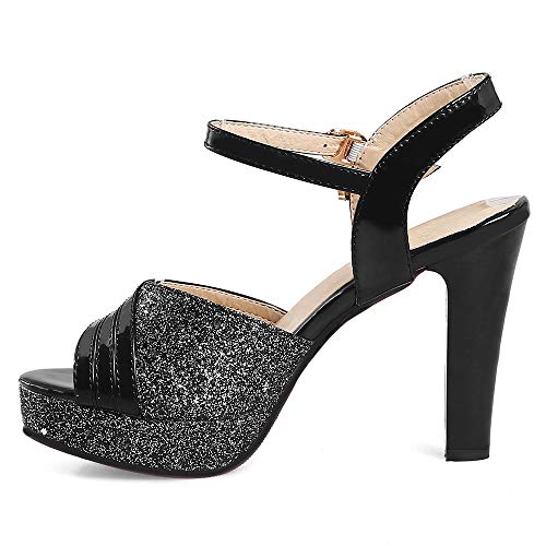 BeiaMina Mujer Zapatos Moda Tacón Alto Sandalias Plataforma Fiesta Zapatos Tacón Ancho Verano Zapatos Glitter Black Talla 34 Asiática