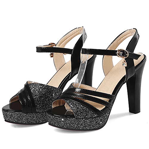 BeiaMina Mujer Zapatos Moda Tacón Alto Sandalias Plataforma Fiesta Zapatos Tacón Ancho Verano Zapatos Glitter Black Talla 34 Asiática