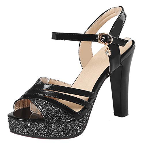 BeiaMina Mujer Zapatos Moda Tacón Alto Sandalias Plataforma Fiesta Zapatos Tacón Ancho Verano Zapatos Glitter Black Talla 34 Asiática