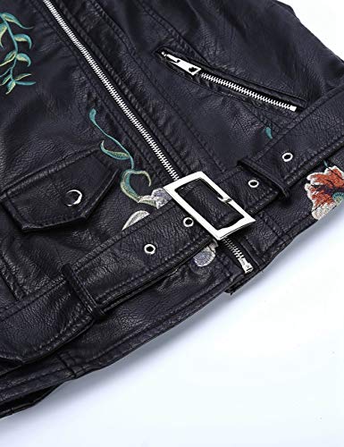 Bellivera Chaqueta Corta de Piel sintética Bordado para Mujer Negro XL