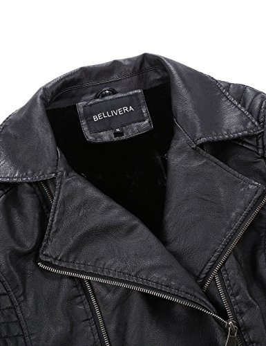 Bellivera Chaqueta Corta de Piel Sintética para Mujeres, Chaqueta de Moto con Cuello Desmontable de Piel Sintética L
