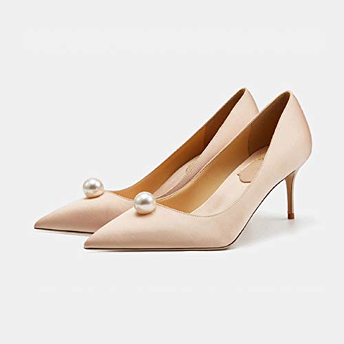 Bewinch Zapatos Tacón Mujer Tacones Altos,Zapatos De Boda para Novia, Zapatos De Novia para Mujer, Perla De Satén Noble, Tacones De Aguja Sexis con Punta Puntiaguda, 6 Cm,Champagne,34