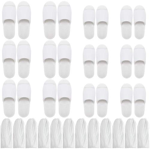 Bizarre.ly Zapatillas SPA Blancas Suaves con Bolsas de Cordel (12 Pares) Pantuflas Invitados Punta Abierta Lavable Reutilizable – Dos Tallas (S, L) Hombres y Mujeres – Baño, Invitados, Hogar, Bodas