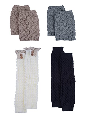 Blulu Calentadores de Pierna de Punto de Mujeres Calcetines de Bota Puños de Punto de Rodillas con Botón y Encaje, 4 Pares