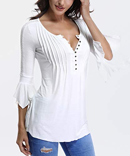 Blusas y Tops para Mujer con Mangas largas Off Camisa Encaje Acampanada Blanca Camisetas abotonadas con Volantes Damas Marfil Macizo - XL