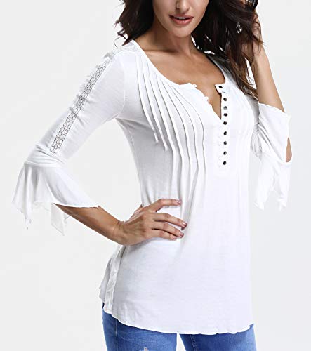 Blusas y Tops para Mujer con Mangas largas Off Camisa Encaje Acampanada Blanca Camisetas abotonadas con Volantes Damas Marfil Macizo - XL