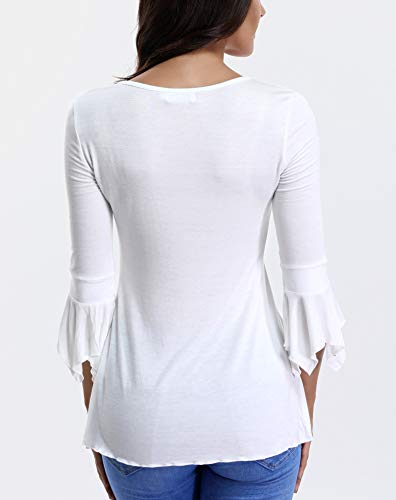 Blusas y Tops para Mujer con Mangas largas Off Camisa Encaje Acampanada Blanca Camisetas abotonadas con Volantes Damas Marfil Macizo - XL