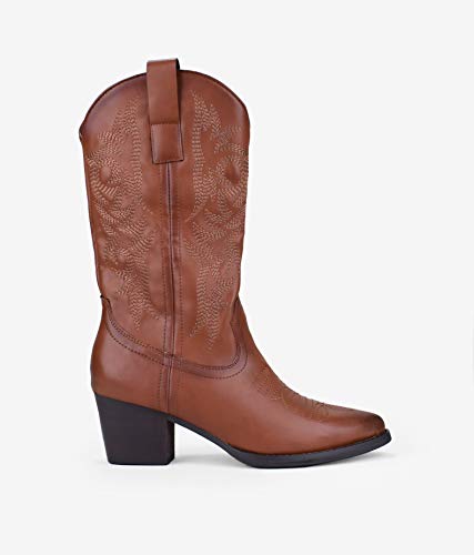 BOSANOVA Bota campera Estilo Cowboy con tacón para Mujer | Detalle de Cosido Decorativo en la caña y Cierre con Cremallera | Cuero 36