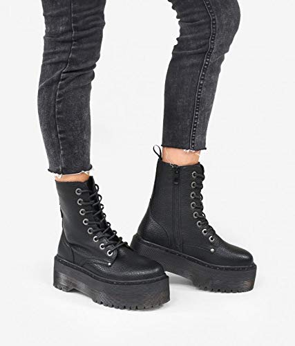 BOSANOVA Botas Militares Negras con Plataforma XXL de Goma Rayada y Cordones hasta la Parte Superior. Cierre con Cremallera Interior para Mujer. Negro 38