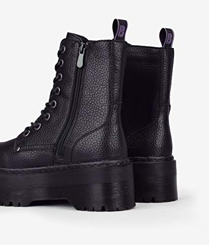 BOSANOVA Botas Militares Negras con Plataforma XXL de Goma Rayada y Cordones hasta la Parte Superior. Cierre con Cremallera Interior para Mujer. Negro 38