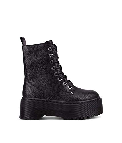 BOSANOVA Botas Militares Negras con Plataforma XXL de Goma Rayada y Cordones hasta la Parte Superior. Cierre con Cremallera Interior para Mujer. Negro 38