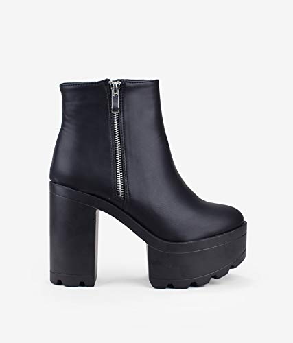 BOSANOVA Botines Negros con Cremallera Plateada Lateral y Suela de Volumen Dentada. Plataforma Delantera de 5 cm y tacón de 11 cm. Cierre con Cremallera. Negro 37