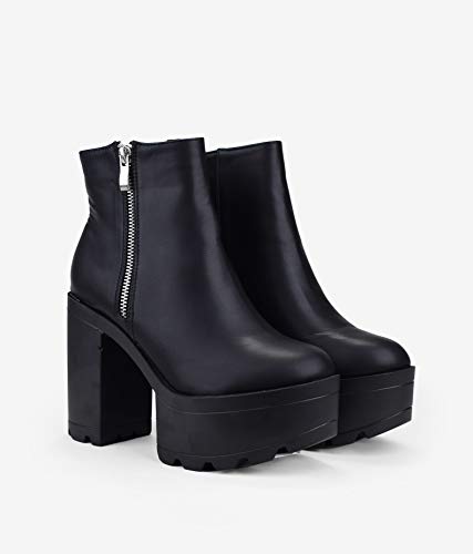 BOSANOVA Botines Negros con Cremallera Plateada Lateral y Suela de Volumen Dentada. Plataforma Delantera de 5 cm y tacón de 11 cm. Cierre con Cremallera. Negro 37