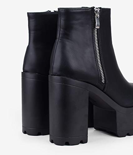 BOSANOVA Botines Negros con Cremallera Plateada Lateral y Suela de Volumen Dentada. Plataforma Delantera de 5 cm y tacón de 11 cm. Cierre con Cremallera. Negro 37