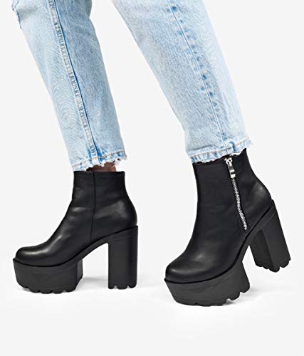 BOSANOVA Botines Negros con Cremallera Plateada Lateral y Suela de Volumen Dentada. Plataforma Delantera de 5 cm y tacón de 11 cm. Cierre con Cremallera. Negro 37