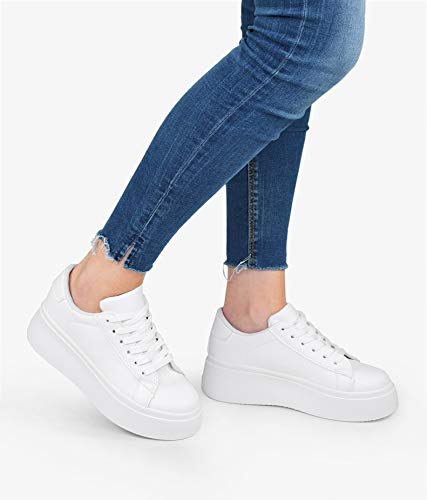 BOSANOVA Zapatillas Blancas con Plataforma 5 cm y Cordones para Mujer | Bambas Total Look Blanco. Blanco 39 (Calzan pequeñas)