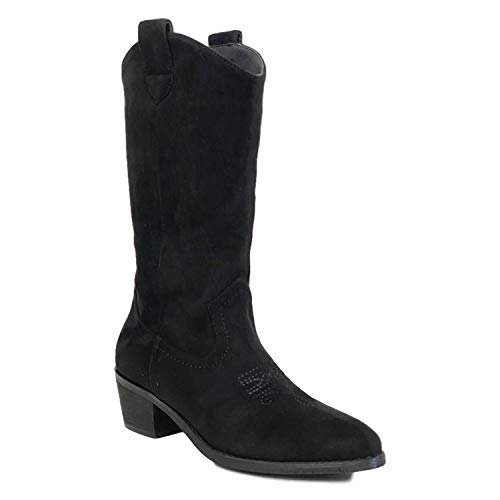 Bota Campera con Tacon, Comodos, Bordado en Empeine, y Cierre de Cremallera, Otono Invierno 2020. Talla 41 Negro