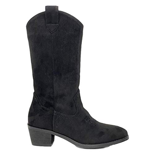 Bota Campera con Tacon, Comodos, Bordado en Empeine, y Cierre de Cremallera, Otono Invierno 2020. Talla 41 Negro