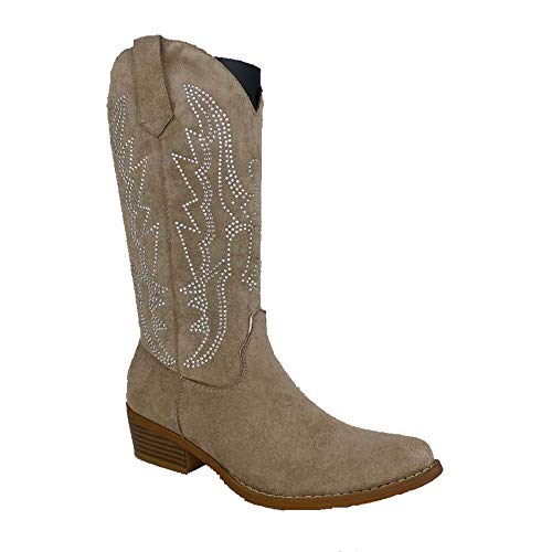 Bota Campera para Mujer, con Tacon, Bordado en Cana de 28 cm, Otono Invierno 2020. Talla 35 Beige