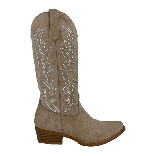 Bota Campera para Mujer, con Tacon, Bordado en Cana de 28 cm, Otono Invierno 2020. Talla 35 Beige