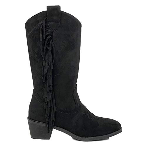 Bota con Tacon, de Estilo Campero, Flecos en el Lateral, Bordado en Empeine, y Cierre de Cremallera, Otono Invierno 2020. Talla 38 Negro