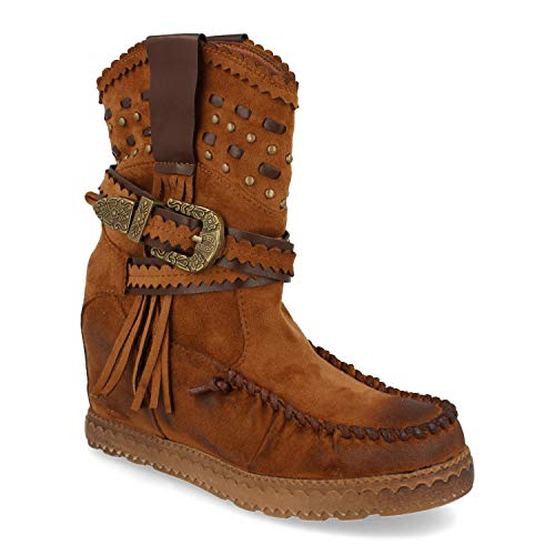 Bota de Estilo Indio, Correas con Hebilla, Flecos en Cana, Cuna Interior, y Cierre de Cremallera, Otono Invierno 2020. Talla 41 Camel