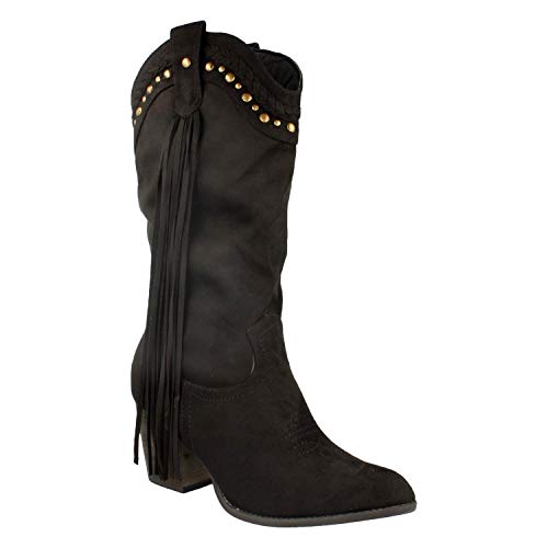 Bota de Mujer Casual con Tacon, Remaches y Flecos en la Cana, Cierre de Cremallera Otono Invierno 2019. Talla 40 Negro