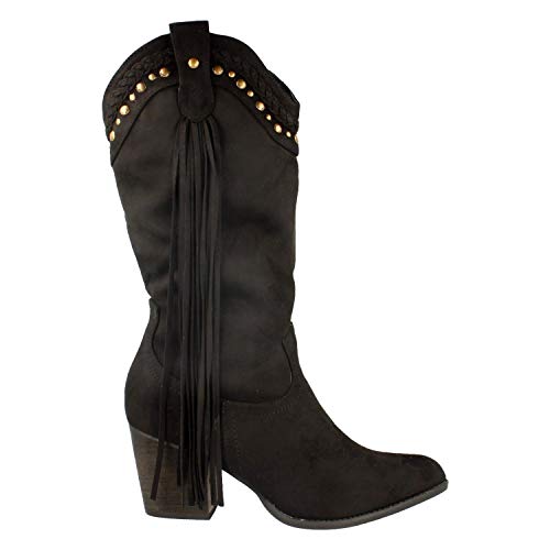 Bota de Mujer Casual con Tacon, Remaches y Flecos en la Cana, Cierre de Cremallera Otono Invierno 2019. Talla 40 Negro