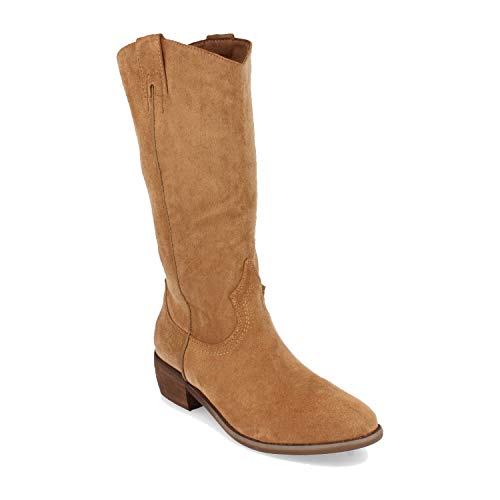Bota de Mujer, con Tacon, Bordado en el Empeine y en la Cana, Cierre de Cremallera, Otono Invierno 2020. Talla 38 Camel