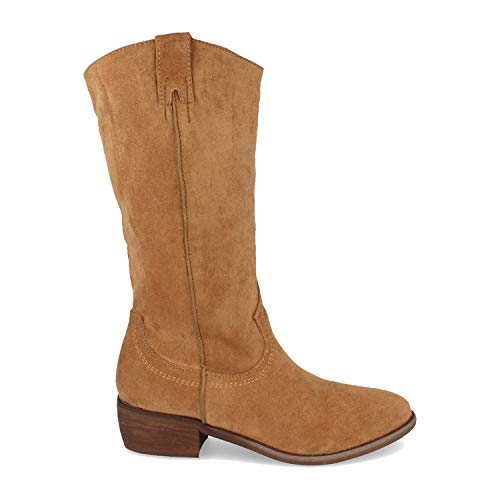 Bota de Mujer, con Tacon, Bordado en el Empeine y en la Cana, Cierre de Cremallera, Otono Invierno 2020. Talla 38 Camel