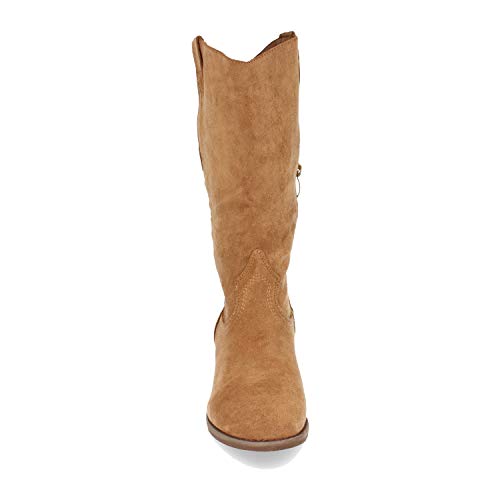 Bota de Mujer, con Tacon, Bordado en el Empeine y en la Cana, Cierre de Cremallera, Otono Invierno 2020. Talla 38 Camel