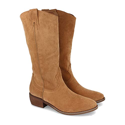 Bota de Mujer, con Tacon, Bordado en el Empeine y en la Cana, Cierre de Cremallera, Otono Invierno 2020. Talla 38 Camel