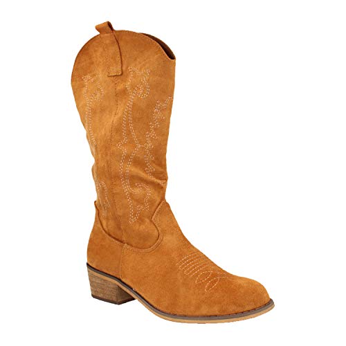 Bota de Mujer con Tacon Campero, Estilo Cowboy, y Bordado en el Empeine y Cana Otono Invierno 2019. Talla 36 Camel