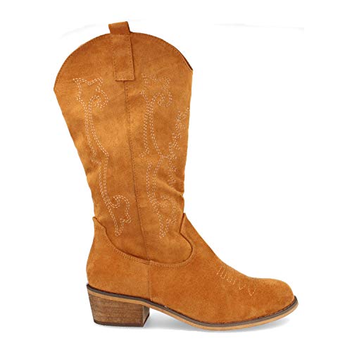 Bota de Mujer con Tacon Campero, Estilo Cowboy, y Bordado en el Empeine y Cana Otono Invierno 2019. Talla 36 Camel