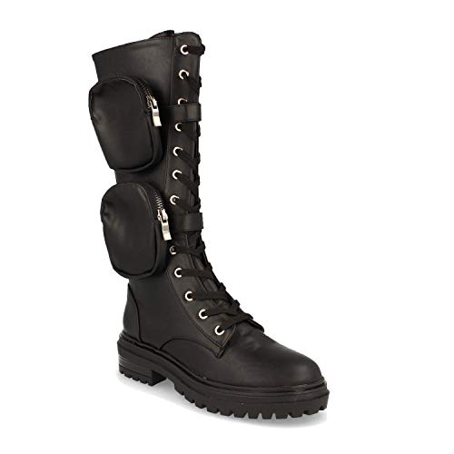 Bota de Mujer, de Suela Plana, con Bolsillos de Quita y Pon Unido a la Cana con una Correa, Cierre de Cordones y Cremallera, Otono Invierno 2020. Talla 39 Negro