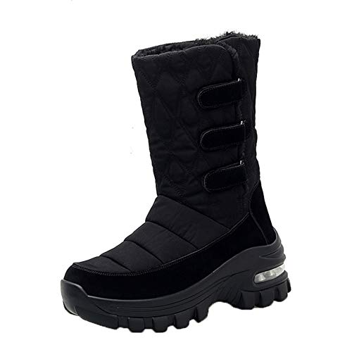 Bota de Nieve para Mujer Cojín de Aire Plataforma de Suela Gruesa Antideslizante Senderismo al Aire Libre Camping Impermeable Etiqueta mágica Botas de Invierno a Media Pantorrilla