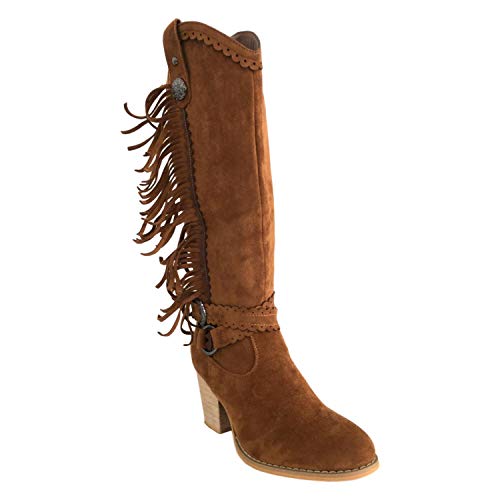 Bota Mujer Campera con Adornos Metalicos Flecos y Tiras Cruzadas con Hebilla Otono Iniverno 2019. Talla 36 Camel