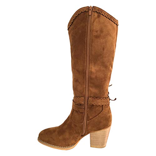 Bota Mujer Campera con Adornos Metalicos Flecos y Tiras Cruzadas con Hebilla Otono Iniverno 2019. Talla 36 Camel