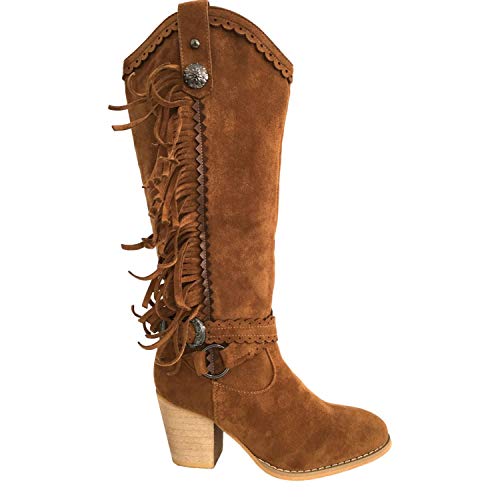 Bota Mujer Campera con Adornos Metalicos Flecos y Tiras Cruzadas con Hebilla Otono Iniverno 2019. Talla 36 Camel