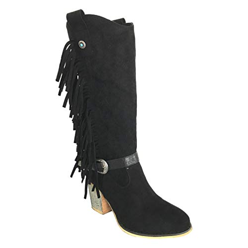 Bota Mujer de Tacon Campero Flecos Tira con Hebilla y Cremallera Otono Invierno 2019. Talla 36 Negro