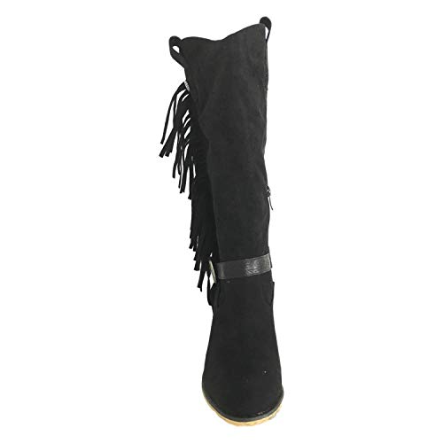 Bota Mujer de Tacon Campero Flecos Tira con Hebilla y Cremallera Otono Invierno 2019. Talla 36 Negro