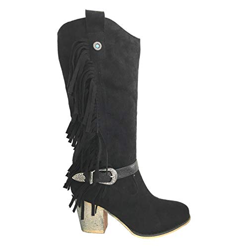 Bota Mujer de Tacon Campero Flecos Tira con Hebilla y Cremallera Otono Invierno 2019. Talla 36 Negro